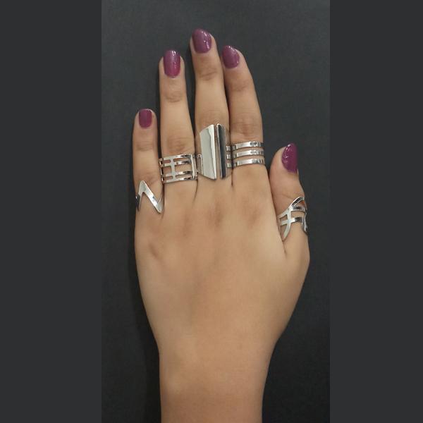 Urthn Adjustable Silver Plated 5 Finger Ring Set - 1502909