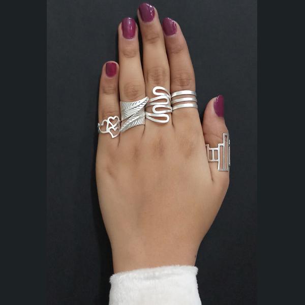 Urthn Adjustable Silver Plated 5 Finger Ring Set - 1502921