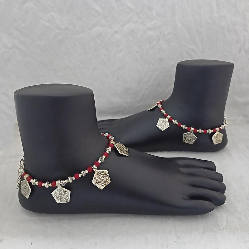 Jeweljunk Oxidised Plated Red Beads Payal -1503720A