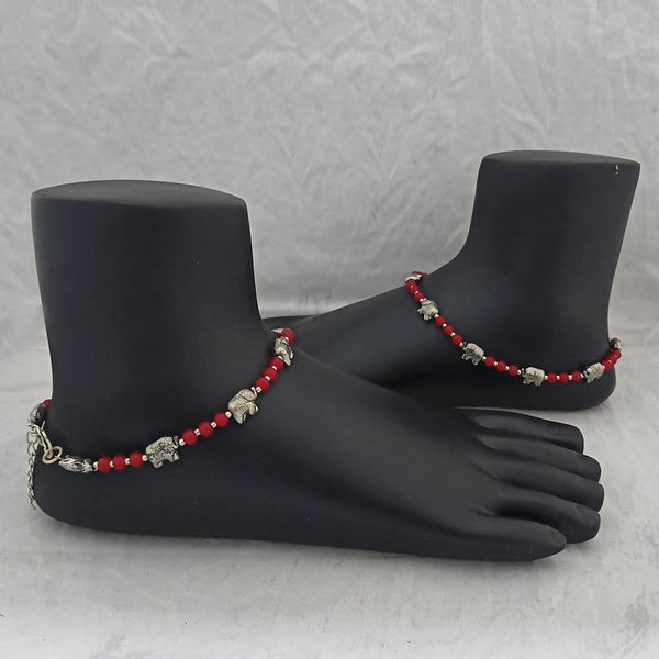 Jeweljunk Oxidised Plated Red Beads Payal -1503722A