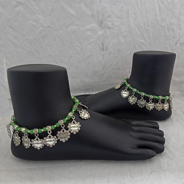 Jeweljunk Oxidised Plated Green Beads Payal -1503724