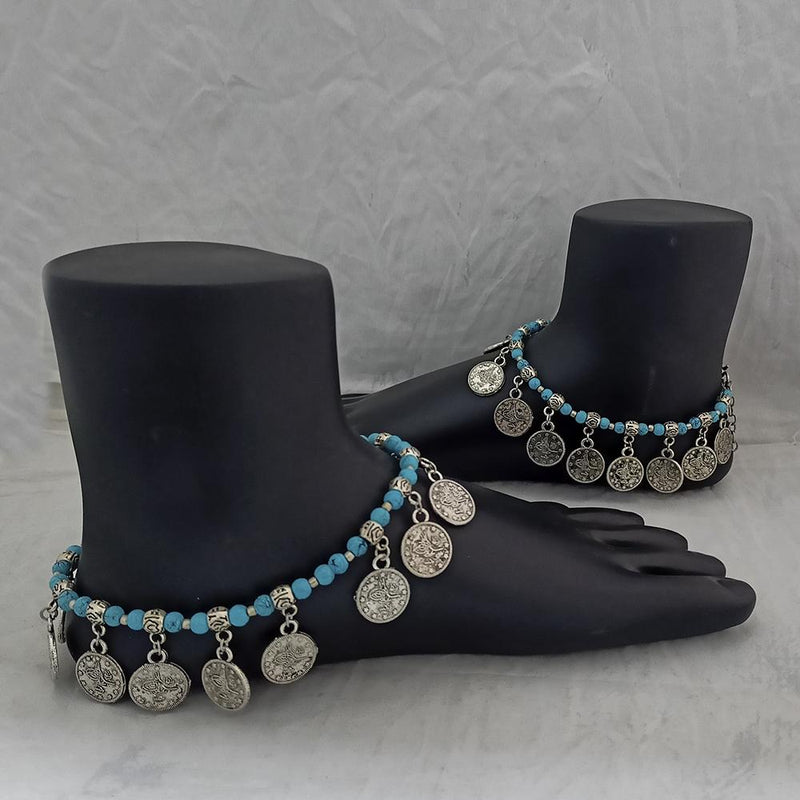 Jeweljunk Oxidised Plated Blue Beads Payal -1503725