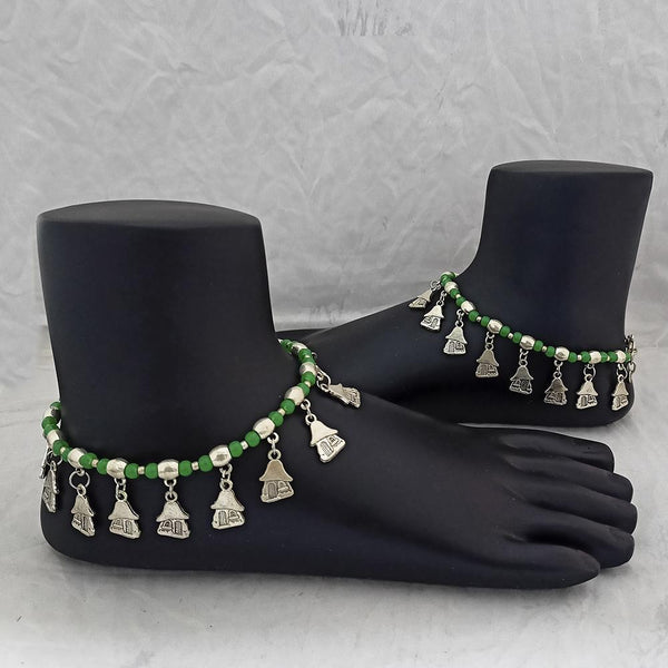 Jeweljunk Oxidised Plated Green Beads Payal -1503726