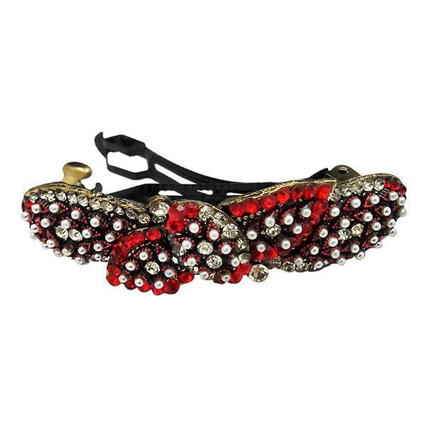 Apurva Pearls Maroon Austrian Stone White Pearl Barrette Hair Clip - 1505247A