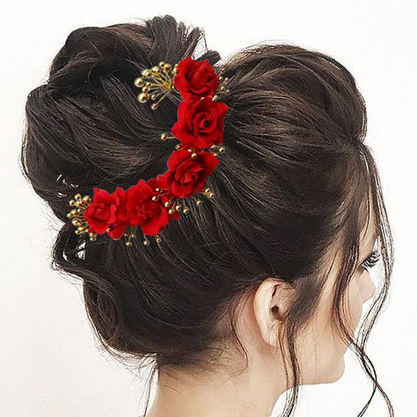 Apurva Pearls Red Floral Hair Brooch - 1505405B