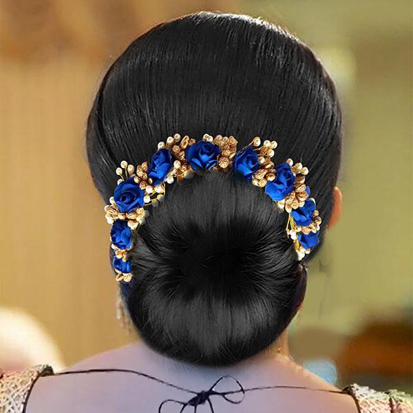 Apurva Pearls Blue Floral Hair Brooch - 1505417B