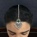 Jeweljunk Green Oxidised Silver Plated Maang Tikka - 1505607B