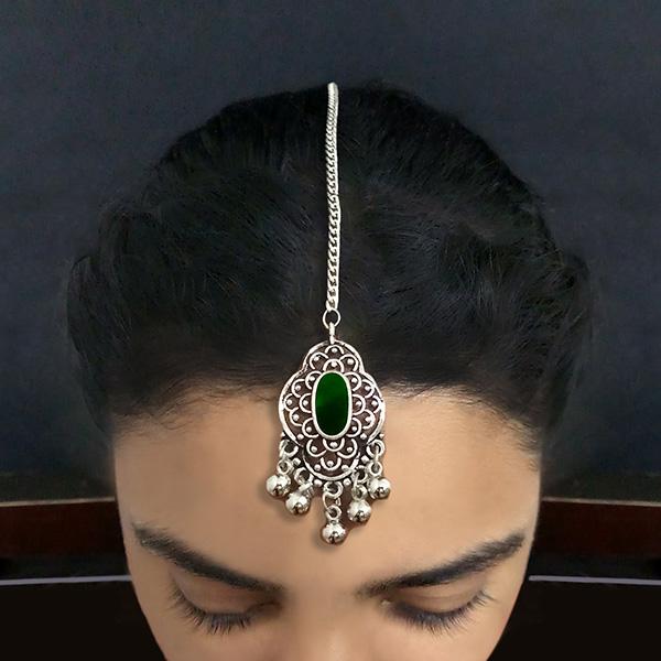 Jeweljunk Green Oxidised Silver Plated Maang Tikka - 1505608A