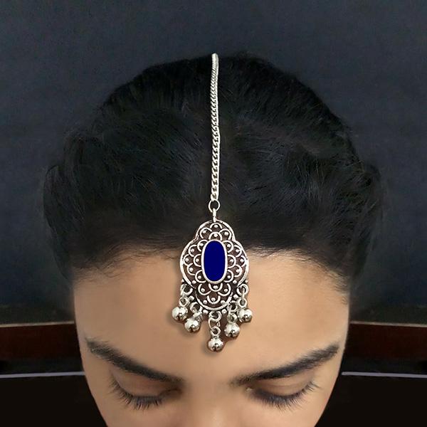 Jeweljunk Blue Oxidised Silver Plated Maang Tikka - 1505608B