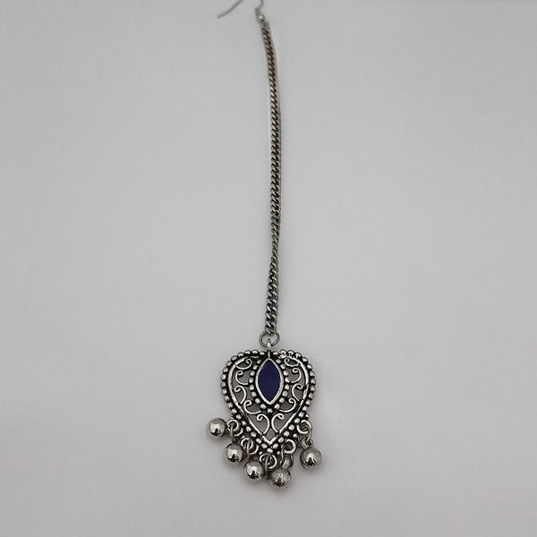 Jeweljunk Blue Oxidised Silver Plated Maang Tikka - 1505610C