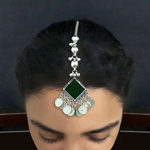 Jeweljunk Green Oxidised Silver Plated Maang Tikka - 1505619B