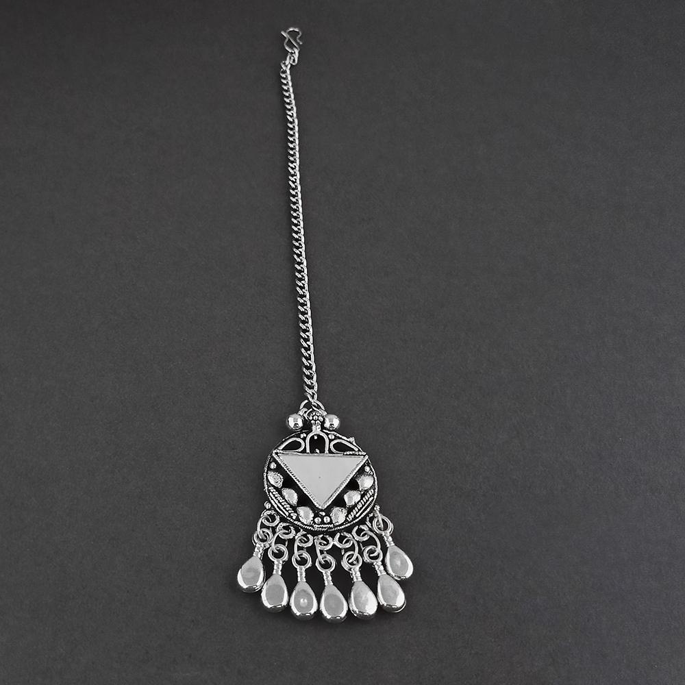 Jeweljunk Dark Blue Oxidised Silver Plated Maang Tikka  -  1505652F