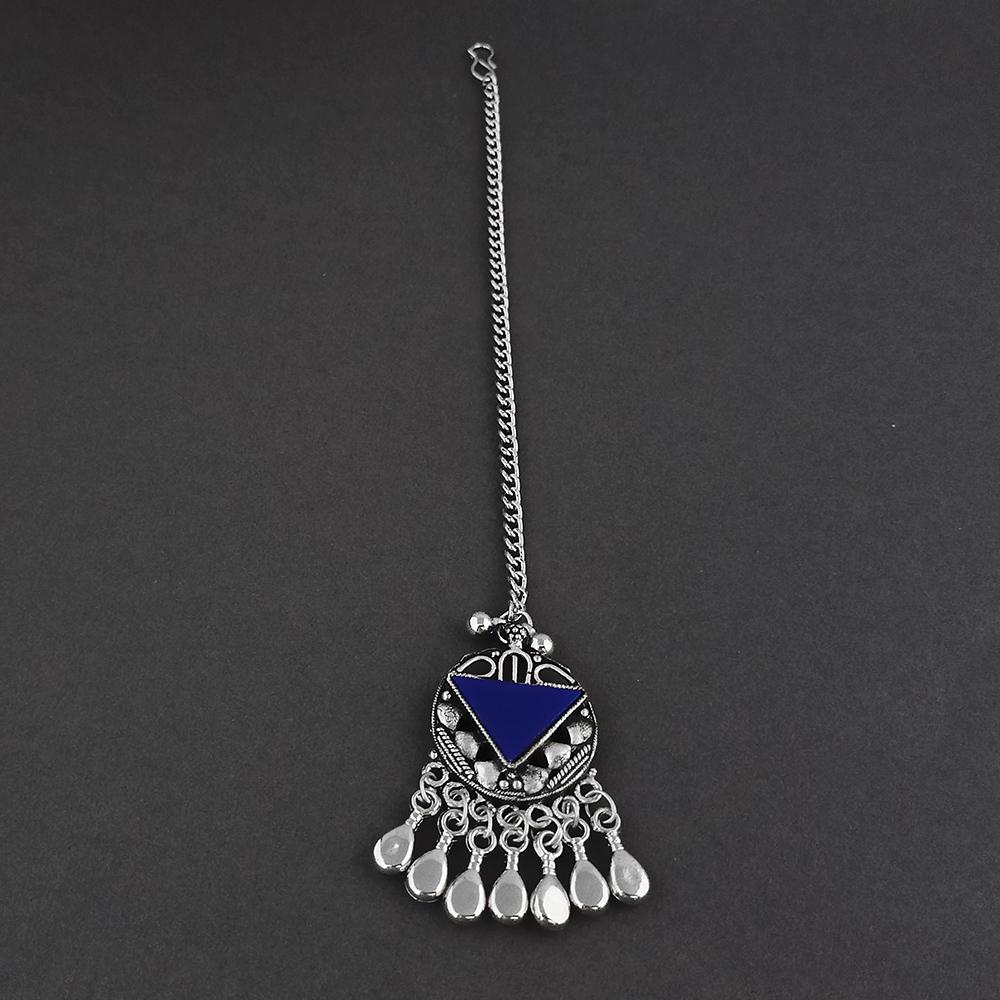 Jeweljunk Dark Blue Oxidised Silver Plated Maang Tikka  -  1505652F