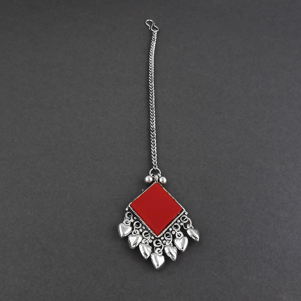 Jeweljunk Red Oxidised Silver Plated Maang Tikka  -  1505653E