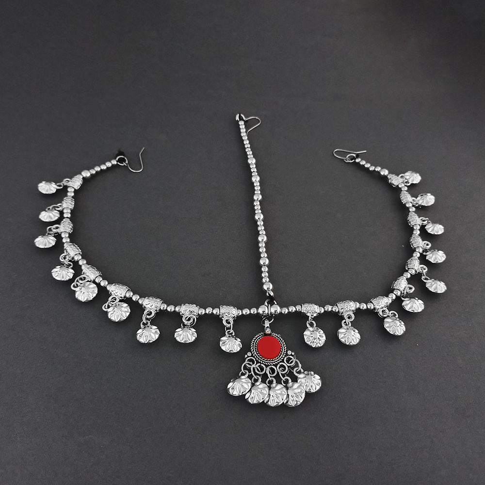 Jeweljunk Red Oxidised Silver Plated Maang Tikka  -  1505656A