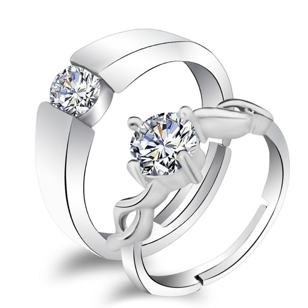 Urbana Rhodium Plated Solitaire Couple Ring Set With Crystal Stone-1506369