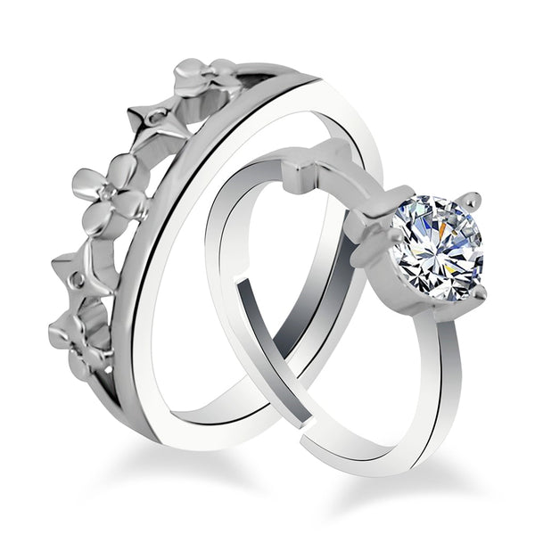 Urbana Rhodium Plated Solitaire Couple Ring Set With Crystal Stone - 1506387-1506387