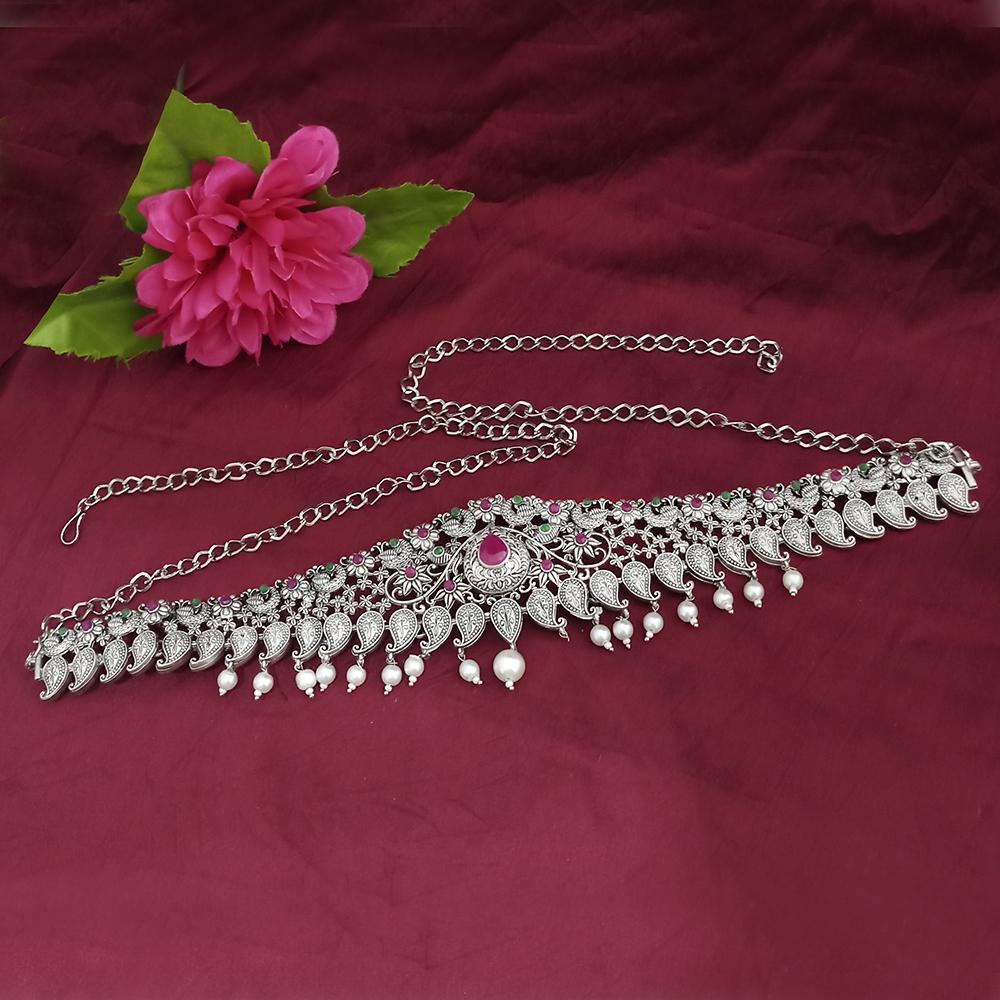 Tisha Oxidised Plated Pink & Green Pota Stone Kamarband - 1506704