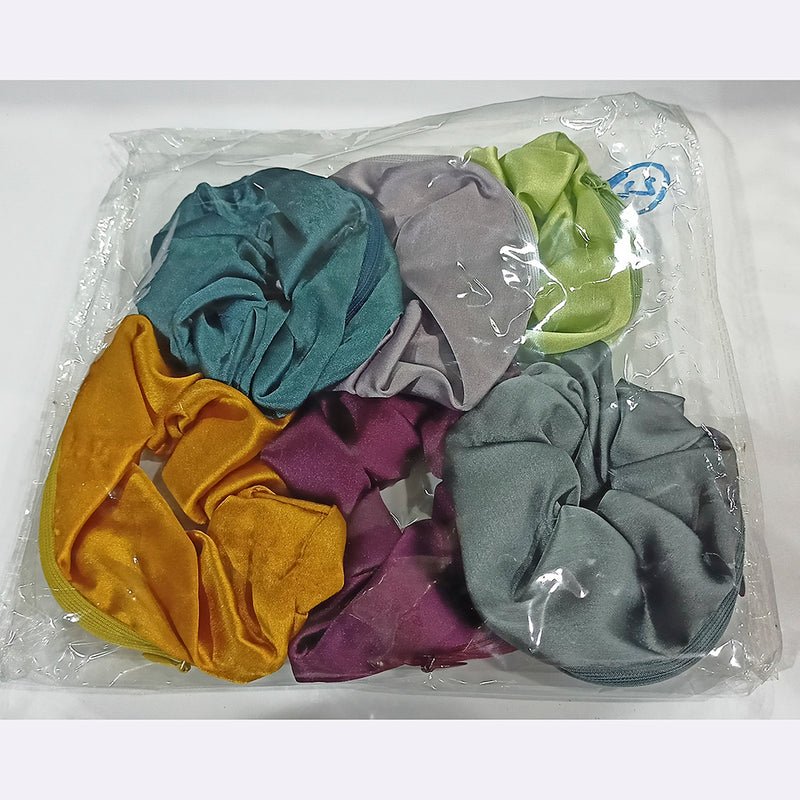 Raj Creation Assorted Color Pack Of 6 Zip Pocket Scrunchies Hair Rubber Band