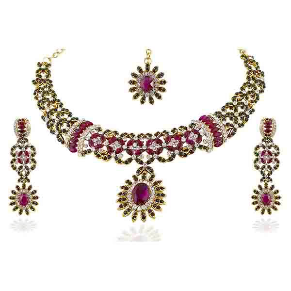 Vivaah Gold Plated Austrian Stone Necklace Set With Maang Tikka