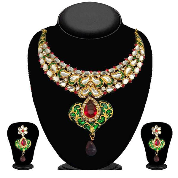 Kriaa Pink And Green Stone Kundan Necklace Set