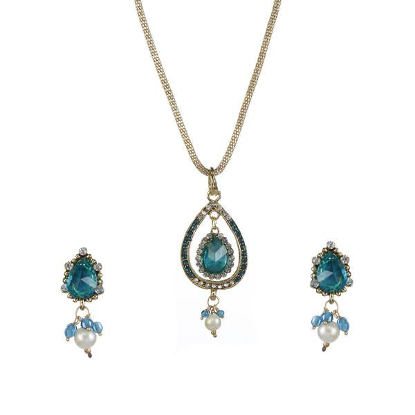 Kriaa Gold Plated Blue Austrian Stone Pendant Set - 2102406