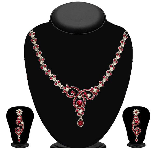 Kriaa Zinc Alloy Silver Plated Pink Stone Necklace Set