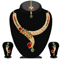 Kriaa Maroon And Green Austrian Stone Necklace Set - 2102604