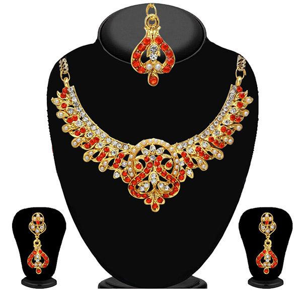 Kriaa Red Stone Necklace Set With Maang Tikka - 2102704