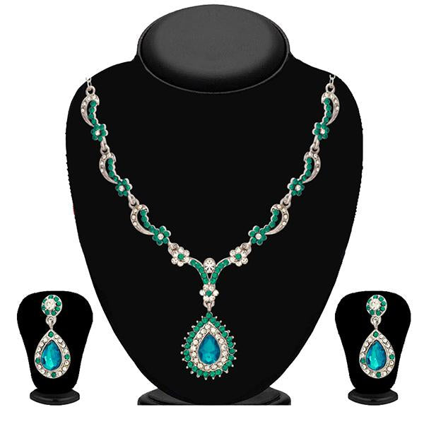 Kriaa Zinc Alloy Silver Plated Green Stone Necklace Set
