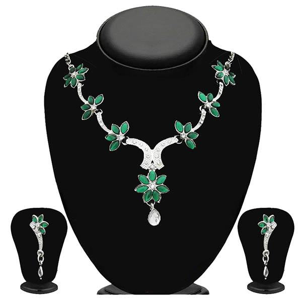 Kriaa Green Kundan Stone Silver Plated Necklace Set - 2105610