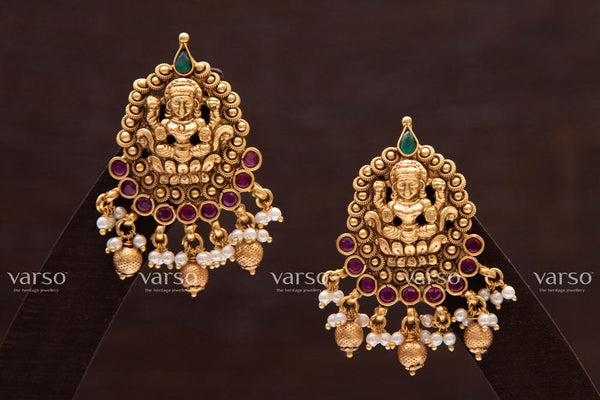 Varso Ruby &  Emerald Gold  Brass Alloy Ball  &  Pearl Dangler Earrings  - 211001