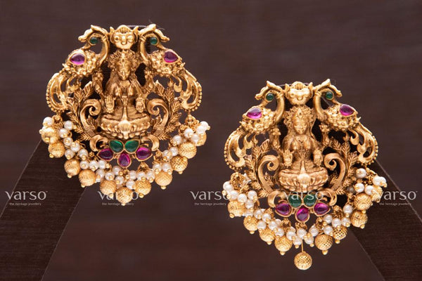 Varso Kempu &  Emerald Gold Antique  Brass Alloy Ball  &  Pearl Dangler Earrings  - 211009