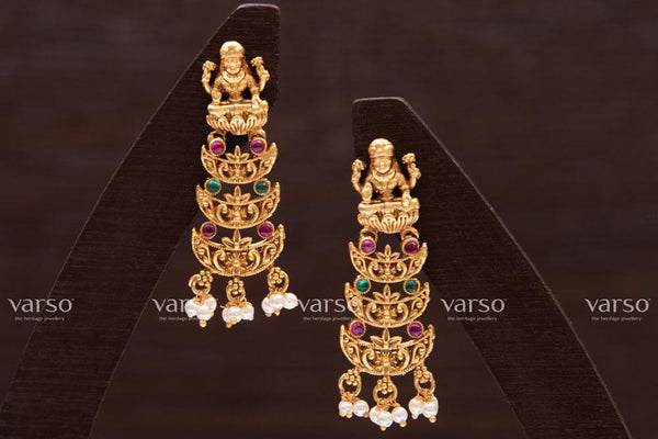Varso Kempu &  Emerald Gold Antique  Brass Alloy Pearl Dangler Earrings  - 211011