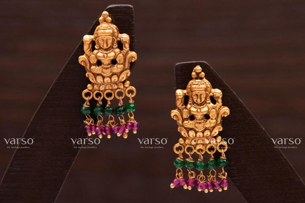 Varso  Gold Antique  Brass Alloy Ruby  &  Green Dangler Earrings  - 211012