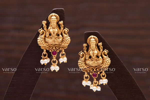 Varso Kempu Gold Antique  Brass Alloy Pearl Dangler Earrings  - 211013