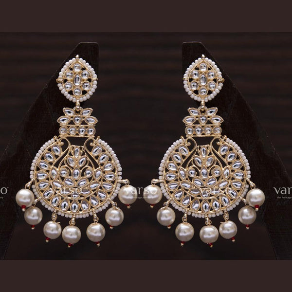 Varso Gold Polish Brass Alloy White Pearl And Kundan Dangler Earrings - 211089