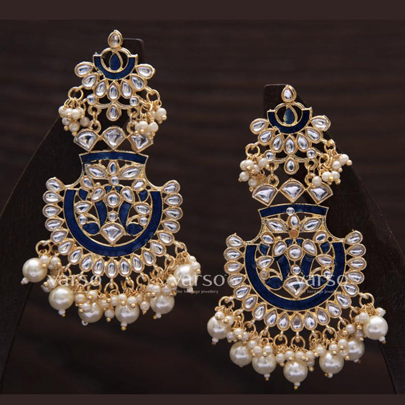 Varso Gold Polish Brass Alloy Blue Meena Pearl And Kundan Dangler Earrings - 211093