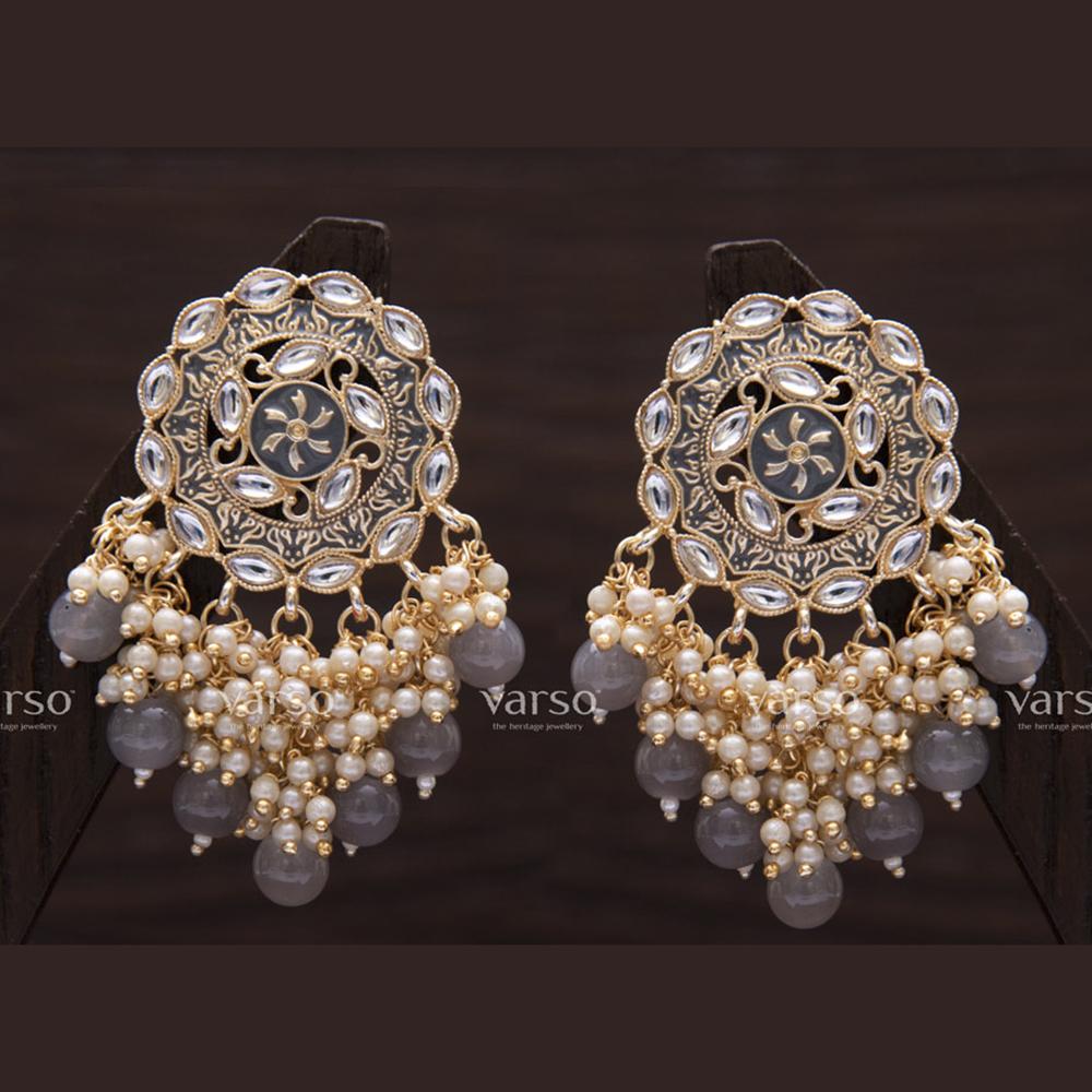 Varso Gold Polish Brass Alloy Grey Meena Pearl And Kundan Dangler Earrings - 211097