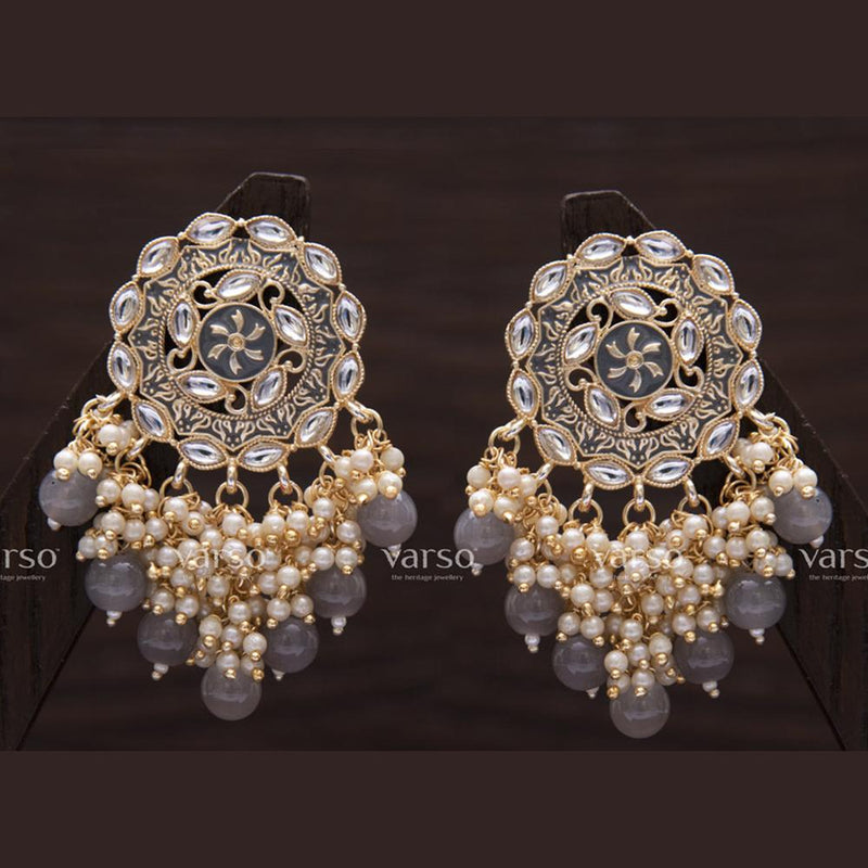 Varso Gold Polish Brass Alloy Grey Meena Pearl And Kundan Dangler Earrings - 211097