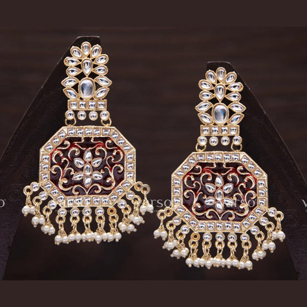 Varso Gold Polish Brass Alloy Red Meena Pearl And Kundan Dangler Earrings - 211098