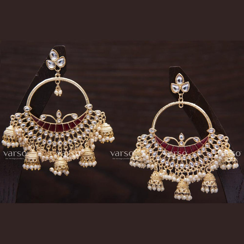 Varso Gold Polish Brass Alloy Red  Meena Pearl And Kundan Dangler Earrings - 211100
