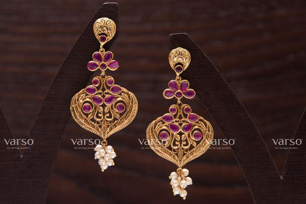 Varso Ruby Gold  Alloy Pearl Dangler Earrings  - 211108