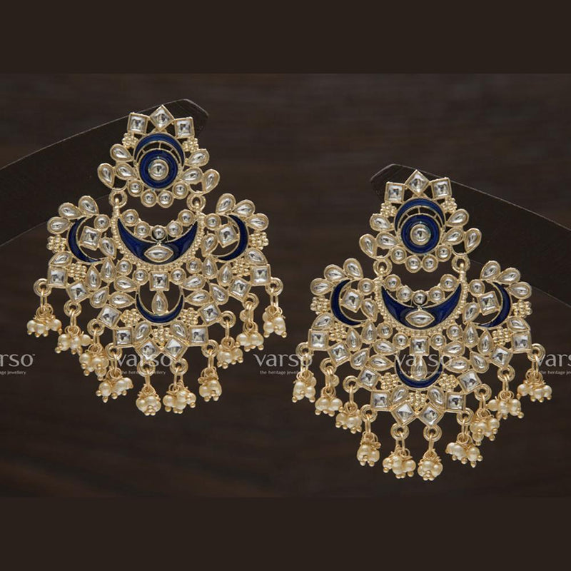Varso Gold Polish Brass Alloy Blue Meena Pearl And Kundan Dangler Earrings - 211139