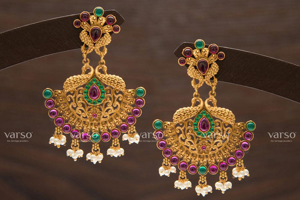 Varso Kempu & Emerald Gold  Alloy Pearl Dangler Earrings  - 211151