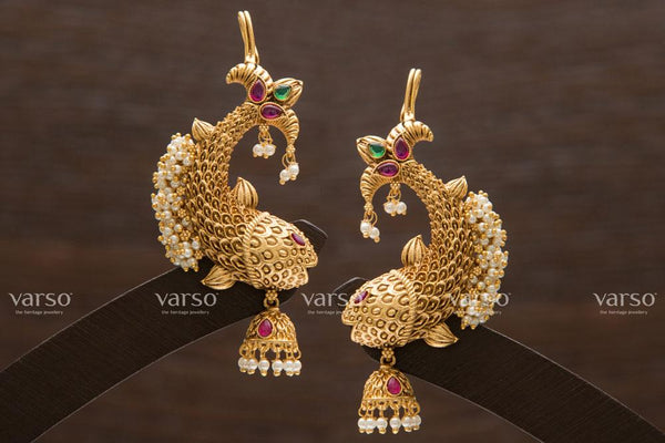 Varso Kempu & Emerald Gold  Alloy Pearl Jhumkas  Earrings  - 211162
