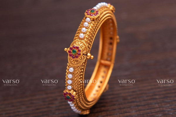 Varso Ruby & Emerald & Pearl Gold Antique Brass Alloy Kada -215016