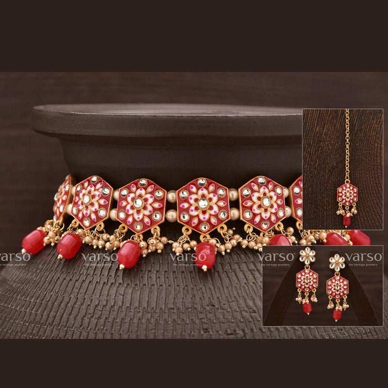 Varso Choker Flower Imprint With Beads Amazing Cut Necklace Set