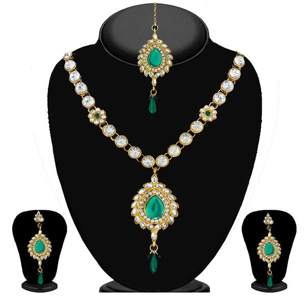 Soha Fashion Green Kundan Necklace Set With Maang Tikka