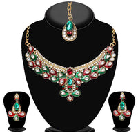 Soha Fashion Red Stone Necklace Set With Maang Tikka